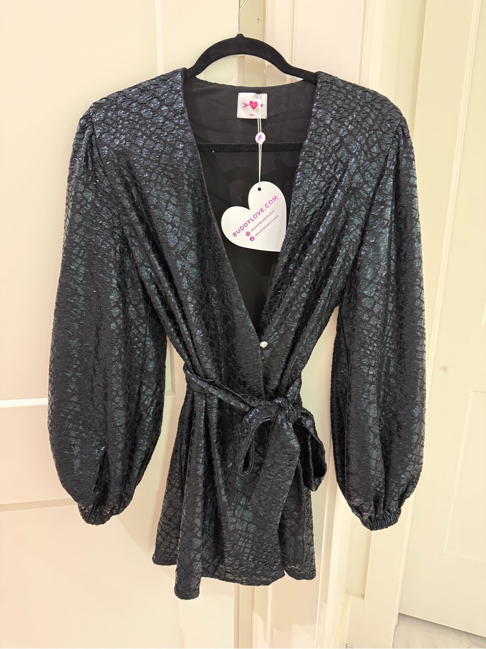 Buddy Love Black Shimmery Textured Tie-Waist Mini Dress